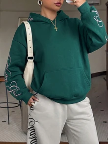 Muchica Plus Size Minimalist Casual Streetwear Retro Comfortable Long Sleeve Sweatshirt With Pockets Fall Party Vacation Birthday Dark Green - Dark Green - View 8