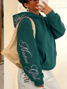 Muchica Plus Size Minimalist Casual Streetwear Retro Comfortable Long Sleeve Sweatshirt With Pockets Fall Party Vacation Birthday Dark Green - Dark Green - View 3