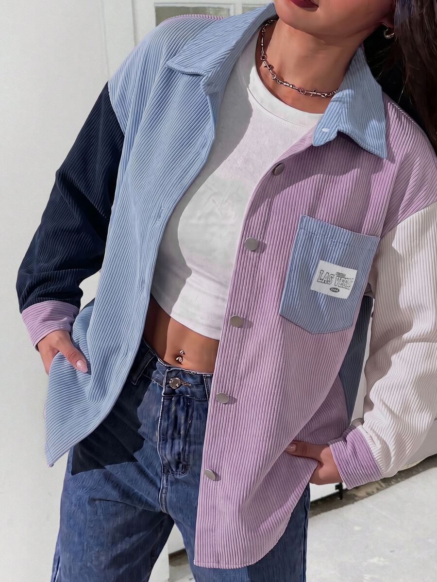 SHEIN EZwear 拼色拼接長袖襯衫 大尺碼 秋季款 - 彩色 - 查看 1