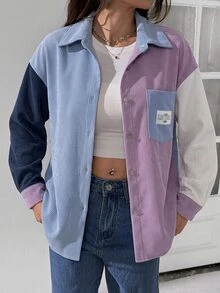 SHEIN EZwear 拼色拼接長袖襯衫 大尺碼 秋季款 - 彩色 - 查看 6