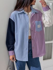 SHEIN EZwear 拼色拼接長袖襯衫 大尺碼 秋季款 - 彩色 - 查看 5