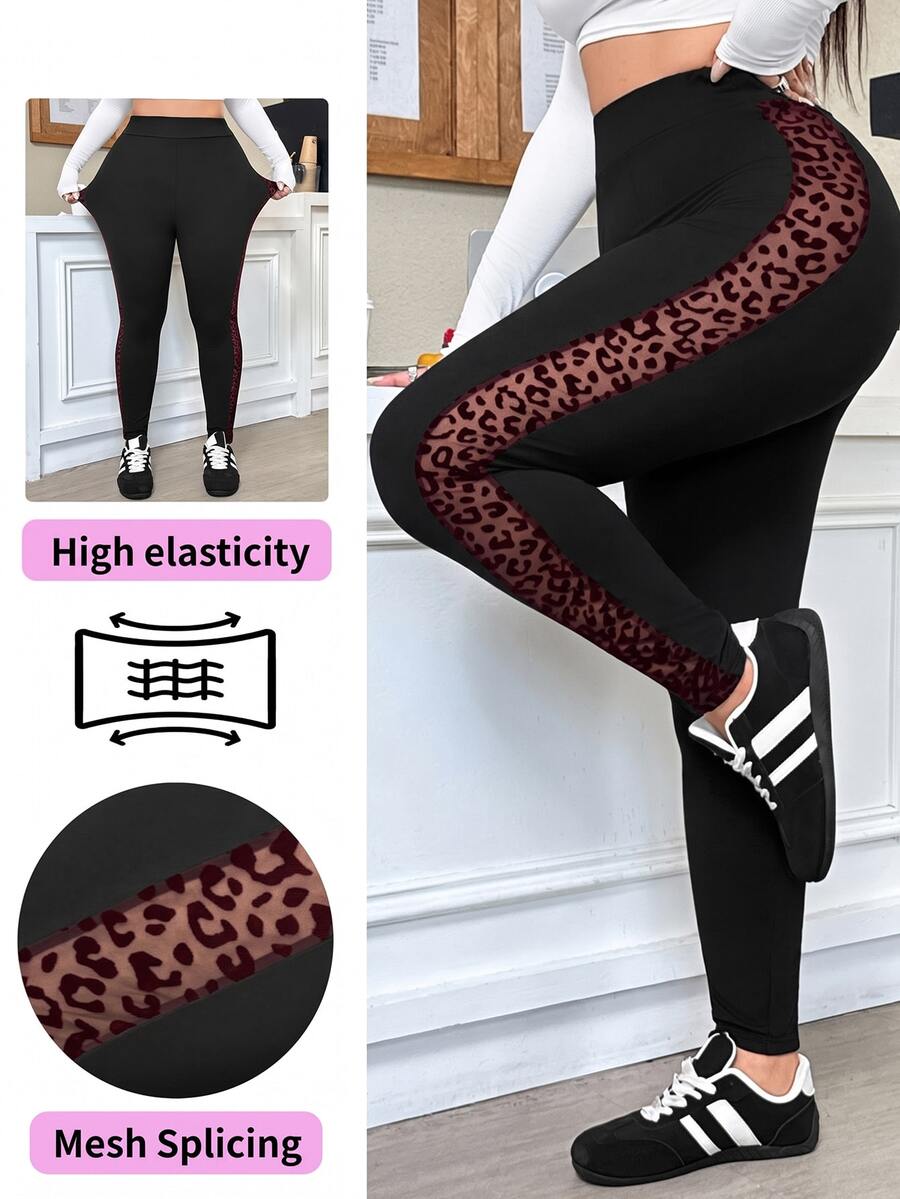 Muchica Leopard Print Elastic Waist Plus Size Leggings - Burgundy - View 1