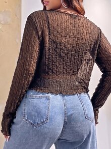 SHEIN EZwear Plus Size Women's Street Texture Long Sleeve Top - Chocolate Brown - View 2