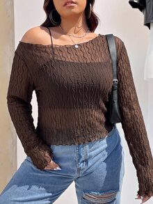 SHEIN EZwear Plus Size Women's Street Texture Long Sleeve Top - Chocolate Brown - View 5
