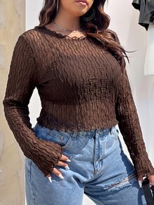 SHEIN EZwear Plus Size Women's Street Texture Long Sleeve Top - Chocolate Brown - View 4