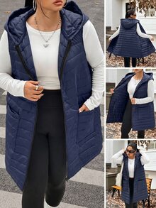 SHEIN EZwear Plus Size Women's Autumn/Winter Hooded Sleeveless Thick Jacket - Navy Blue - View 1