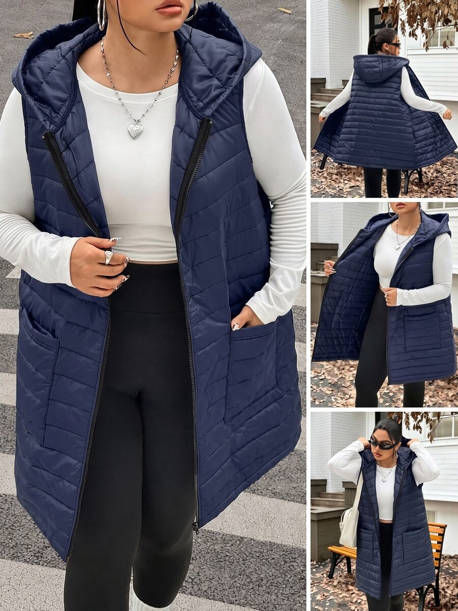 SHEIN EZwear Plus Size Women's Autumn/Winter Hooded Sleeveless Thick Jacket - Navy Blue - View 1