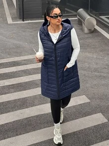 SHEIN EZwear Plus Size Women's Autumn/Winter Hooded Sleeveless Thick Jacket - Navy Blue - View 6