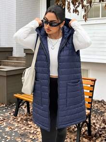 SHEIN EZwear Plus Size Women's Autumn/Winter Hooded Sleeveless Thick Jacket - Navy Blue - View 4
