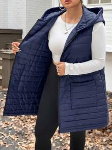SHEIN EZwear Plus Size Women's Autumn/Winter Hooded Sleeveless Thick Jacket - Navy Blue - View 5