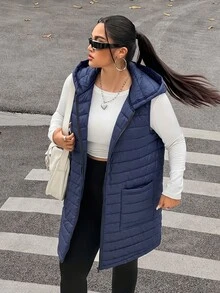 SHEIN EZwear Plus Size Women's Autumn/Winter Hooded Sleeveless Thick Jacket - Navy Blue - View 3