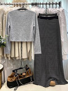 GlowEve CURVE Spring/Autumn New Commuter Casual Gentle Elegant Cardigan Jacket + Camisole Top + Striped Patchwork Skirt 3-Piece Set Plus Size Fall - Black - View 2