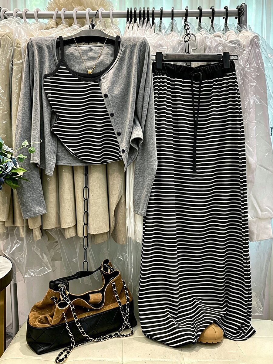 GlowEve CURVE Spring/Autumn New Commuter Casual Gentle Elegant Cardigan Jacket + Camisole Top + Striped Patchwork Skirt 3-Piece Set Plus Size Fall - Black - View 1