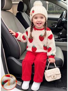 SHEIN 2件組幼女T恤+長褲，可愛甜美紅色米色草莓印花，羊羔絨長袖圓領加厚，適合冬季秋季假日派對家庭穿著圖案款 - 彩色 - 查看 9