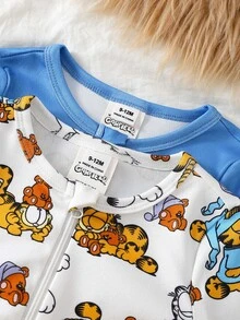 GARFIELD | SHEIN 2件組男嬰咖啡貓秋冬新款圓領針織柔軟混色卡通咖啡貓元素圖案印花修身長袖連身睡衣，秋冬男童睡衣套裝 - 藍色 - 查看 6