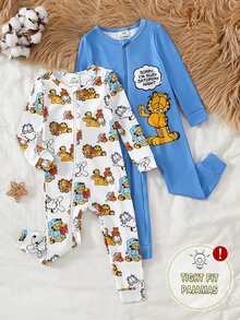 GARFIELD | SHEIN 2件組男嬰咖啡貓秋冬新款圓領針織柔軟混色卡通咖啡貓元素圖案印花修身長袖連身睡衣，秋冬男童睡衣套裝 - 藍色 - 查看 4