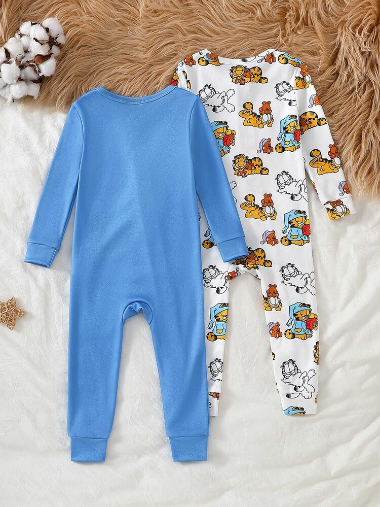 GARFIELD | SHEIN 2pcs/Set Baby Boy Coffee Cat Autumn/Winter New Round Neck Knitted Soft Mixed Color Cartoon Coffee Cat Element Pattern Print Fitted Long Sleeve One-Piece Pajamas, Autumn/Winter Boy Pajama Set - Blue - View 2