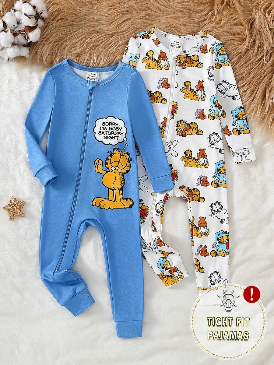 GARFIELD | SHEIN 2件組男嬰咖啡貓秋冬新款圓領針織柔軟混色卡通咖啡貓元素圖案印花修身長袖連身睡衣,秋冬男童睡衣套裝 - 藍色 - 查看 1