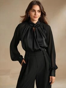 Anewsta Essential Black Modern Urban Hollow-Out Satin Long Sleeve Shirt - Black - View 6