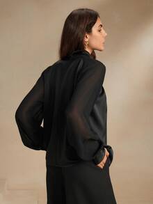 Anewsta Essential Black Modern Urban Hollow-Out Satin Long Sleeve Shirt - Black - View 8