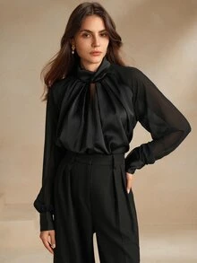 Anewsta Essential Black Modern Urban Hollow-Out Satin Long Sleeve Shirt - Black - View 7