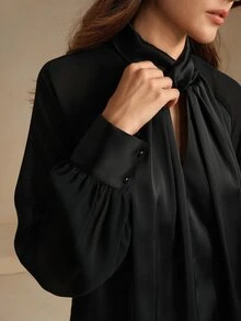 Anewsta Essential Black Modern Urban Hollow-Out Satin Long Sleeve Shirt - Black - View 5