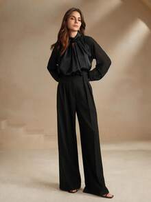 Anewsta Essential Black Modern Urban Hollow-Out Satin Long Sleeve Shirt - Black - View 3