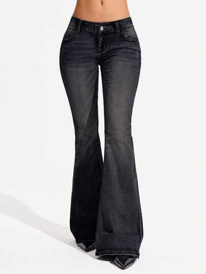 Jeanoix Plus Size Women's Casual Versatile Daily Wear Denim Flare Jeans With Pockets And Buttons