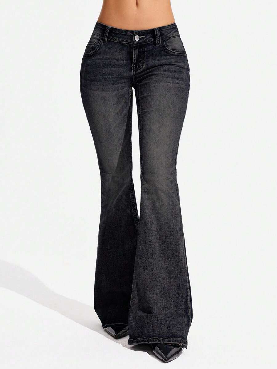 Jeanoix Plus Size Women's Casual Versatile Daily Wear Denim Flare Jeans With Pockets And Buttons - Black - View 1