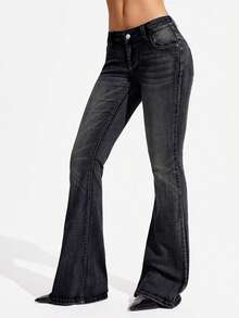 Jeanoix Plus Size Women's Casual Versatile Daily Wear Denim Flare Jeans With Pockets And Buttons - Black - View 5