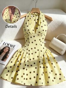 SHEIN Franclia 女款夏季優雅休閒派對度假日常穿著法式復古黃色配棕色波點印花深V領掛脖迷你洋裝無袖A字收腰泡泡短洋裝 - 淡黃色 - 查看 4