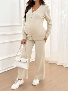 SHEIN Maternity Button Long Sleeve Sweater And Adjustable Waist Pants Set Winter - Khaki - View 3
