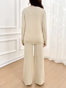 SHEIN Maternity Button Long Sleeve Sweater And Adjustable Waist Pants Set Winter - Khaki - View 7