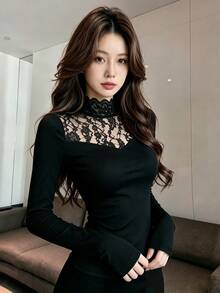Tideelle Women's Lace Patchwork High Neck Base Layer Top - Black - View 6