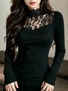 Tideelle Women's Lace Patchwork High Neck Base Layer Top - Black - View 4