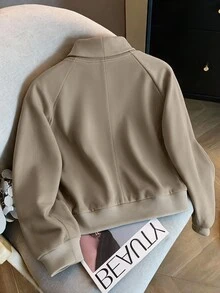 GlowEve CURVE Women's Plus Size Spring/Autumn Unlined Solid Gray Suede Fabric Fashion Design Jacket With Pockets And Zipper, Long Sleeve, Suitable For Commuting And Daily Wear - Brown - View 3