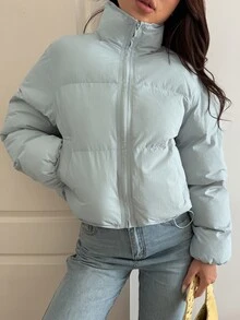 Livesso Women's Winter Light Blue Hooded Drawstring Long Sleeve Thick Padded Pocket Decor Loose Padded Coat - Baby Blue - View 3
