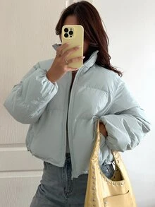 Livesso Women's Winter Light Blue Hooded Drawstring Long Sleeve Thick Padded Pocket Decor Loose Padded Coat - Baby Blue - View 6