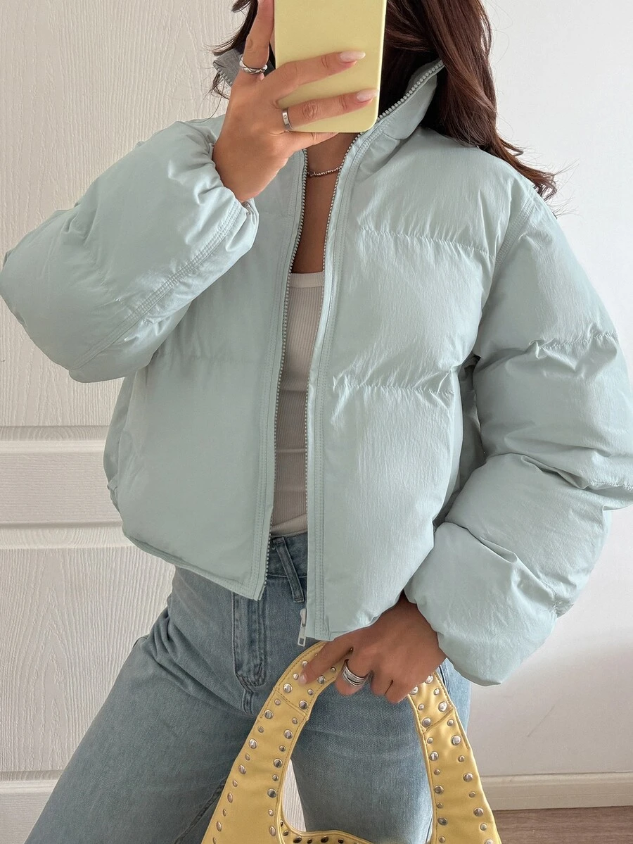Livesso Women's Winter Light Blue Hooded Drawstring Long Sleeve Thick Padded Pocket Decor Loose Padded Coat - Baby Blue - View 1