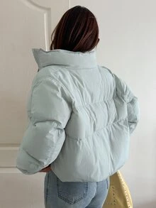 Livesso Women's Winter Light Blue Hooded Drawstring Long Sleeve Thick Padded Pocket Decor Loose Padded Coat - Baby Blue - View 2