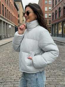 Livesso Women's Winter Light Blue Hooded Drawstring Long Sleeve Thick Padded Pocket Decor Loose Padded Coat - Baby Blue - View 1