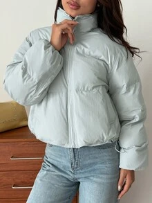 Livesso Women's Winter Light Blue Hooded Drawstring Long Sleeve Thick Padded Pocket Decor Loose Padded Coat - Baby Blue - View 5