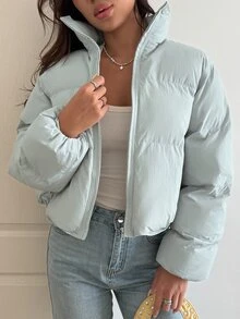 Livesso Women's Winter Light Blue Hooded Drawstring Long Sleeve Thick Padded Pocket Decor Loose Padded Coat - Baby Blue - View 4