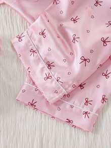 Teen Girls Satin Bow Print Long Sleeve Pants 2 Pieces Loungewear Pajama Set - White - View 5