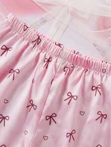 Teen Girls Satin Bow Print Long Sleeve Pants 2 Pieces Loungewear Pajama Set - White - View 6