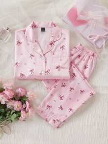 Teen Girls Satin Bow Print Long Sleeve Pants 2 Pieces Loungewear Pajama Set - White - View 1