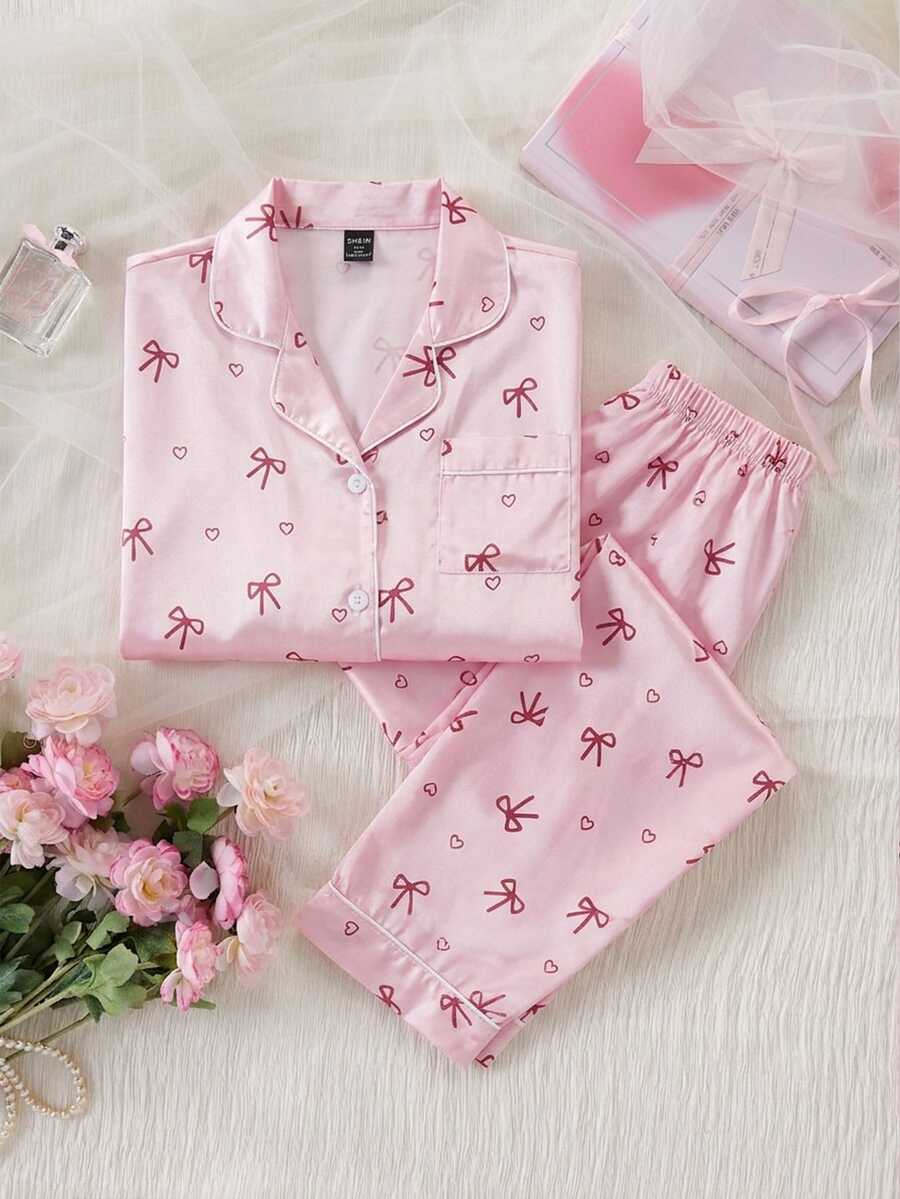 Teen Girls Satin Bow Print Long Sleeve Pants 2 Pieces Loungewear Pajama Set - White - View 1