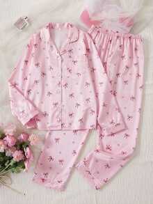 Teen Girls Satin Bow Print Long Sleeve Pants 2 Pieces Loungewear Pajama Set - White - View 7