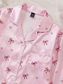 Teen Girls Satin Bow Print Long Sleeve Pants 2 Pieces Loungewear Pajama Set - White - View 4