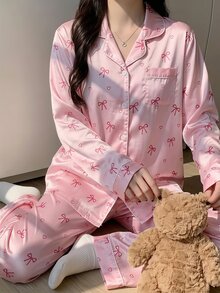 Teen Girls Satin Bow Print Long Sleeve Pants 2 Pieces Loungewear Pajama Set - White - View 3